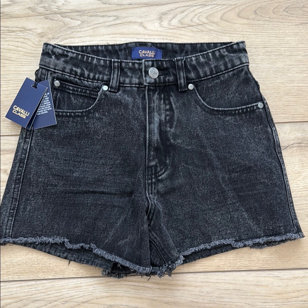 Cavalli Class Black Jean Shorts Raw Edge